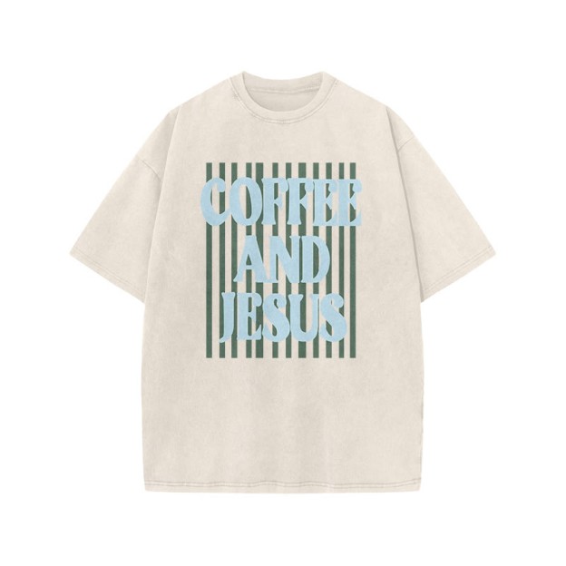 Unisex 100% Cotton Coffee And Jesus Print Acid Washed T-shirt - Beige - US20-22(3XL) - image 3