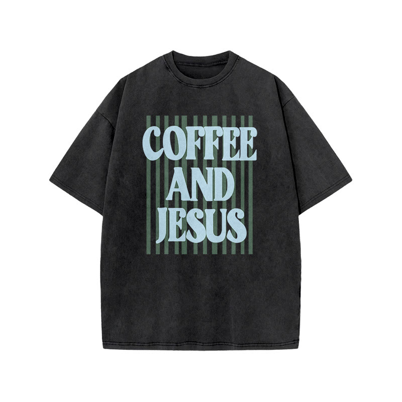Unisex 100% Cotton Coffee And Jesus Print Acid Washed T-shirt - Black - US20-22(3XL) - image 2
