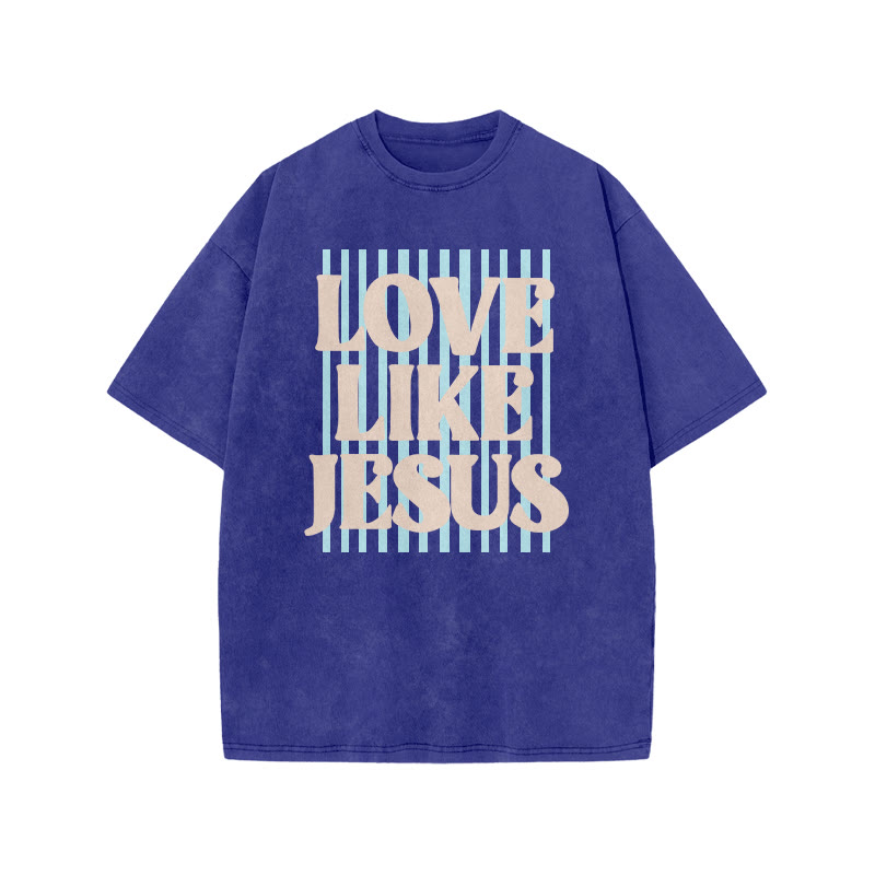 Unisex 100% Cotton Love Like Jesus print Acid Washed T-shirt - Blue - US20-22(3XL) - image 7