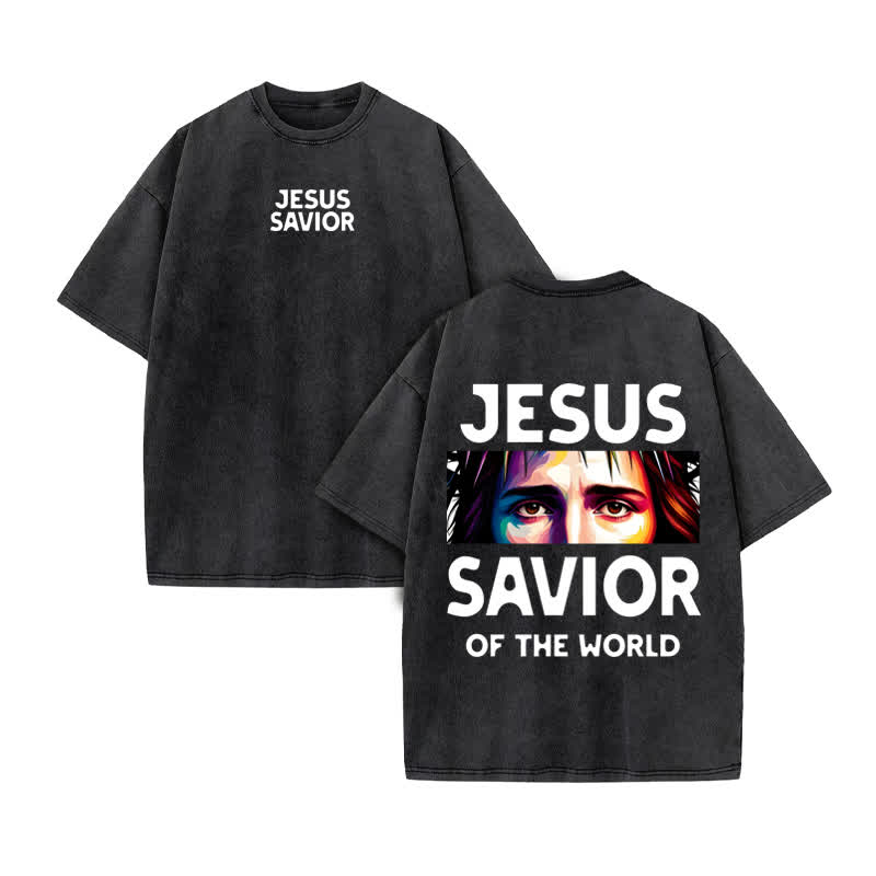 Unisex 100% Cotton Jesus Savior Print Acid Washed T-shirt - Black - US20-22(3XL) - image 2