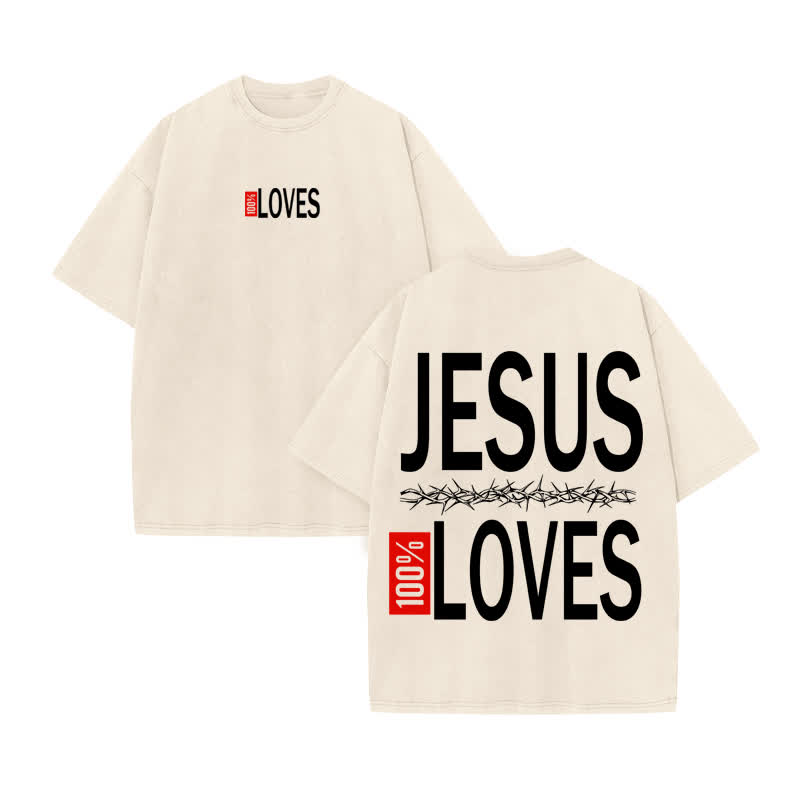 Unisex 100% Cotton Jesus 100% Loves Print Acid Washed T-shirt - Beige - US20-22(3XL) - image 2