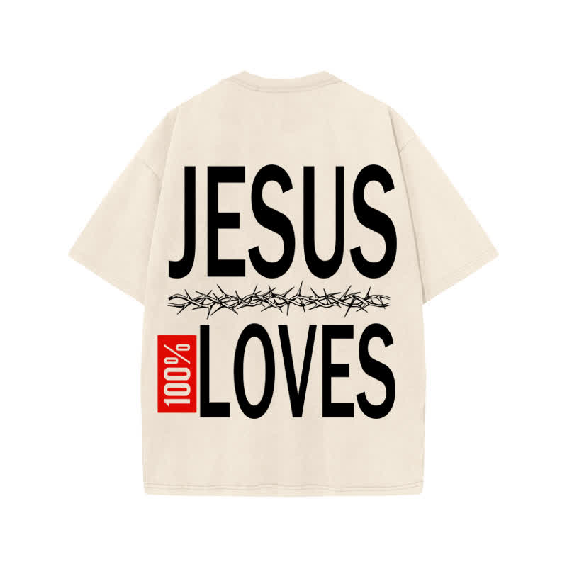 Unisex 100% Cotton Jesus 100% Loves Print Acid Washed T-shirt - image 1
