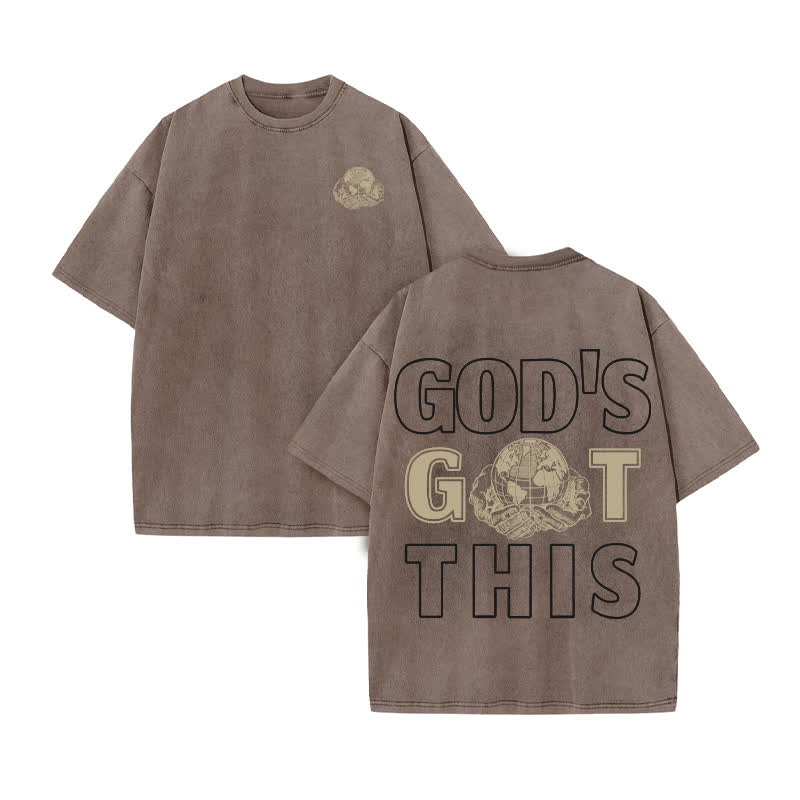 Unisex 100% Cotton God's Got This Print Acid Washed T-shirt - Coffee - US20-22(3XL) - image 4