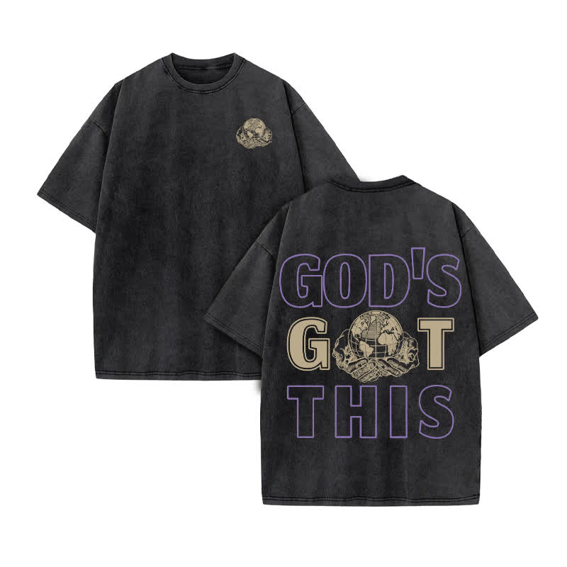 Unisex 100% Cotton God's Got This Print Acid Washed T-shirt - Black - US20-22(3XL) - image 2