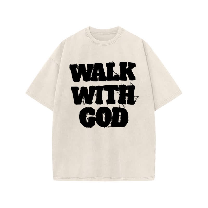 Unisex 100% Cotton Walk With God Thorn Lines Print Acid Washed T-shirt - Beige - US20-22(3XL) - image 2