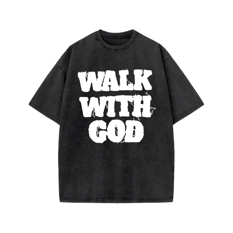 Unisex 100% Cotton Walk With God Thorn Lines Print Acid Washed T-shirt - Black - US20-22(3XL) - image 1