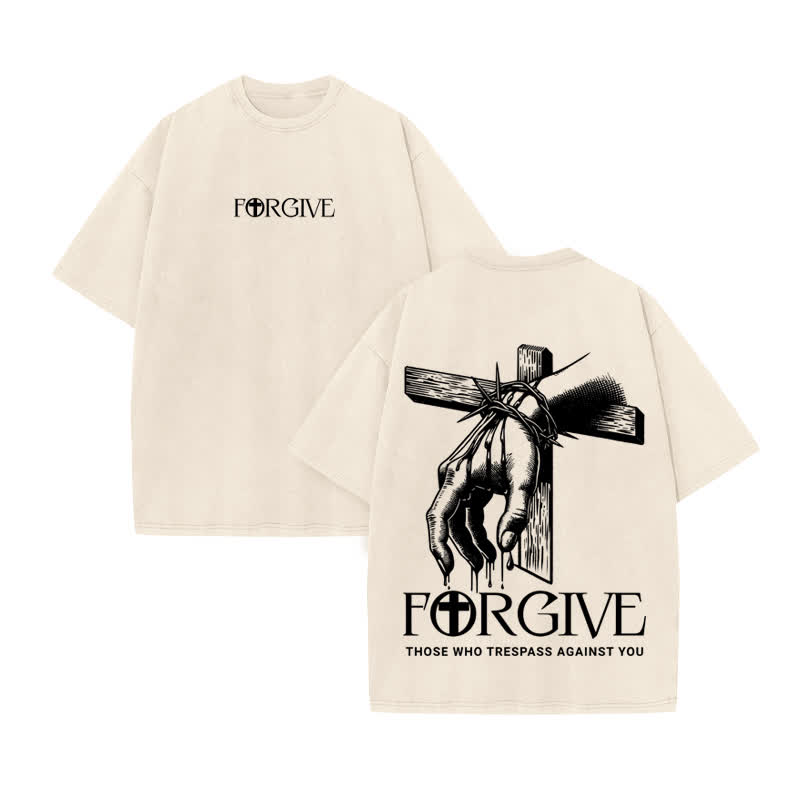 Unisex 100% Cotton Forgive Print Acid Washed T-shirt - Beige - US20-22(3XL) - image 2