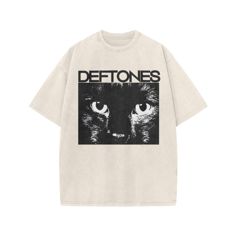 Unisex 100% Cotton Deftones Cat Print Acid Washed T-shirt - Beige - US20-22(3XL) - image 2