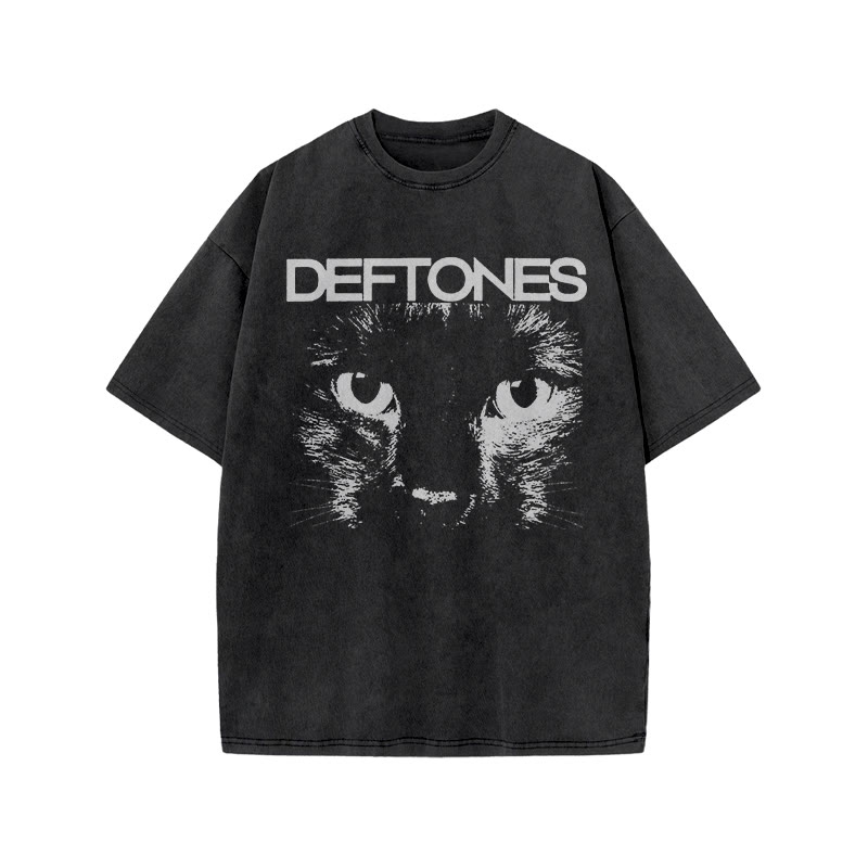 Unisex 100% Cotton Deftones Cat Print Acid Washed T-shirt - Black - US20-22(3XL) - image 1