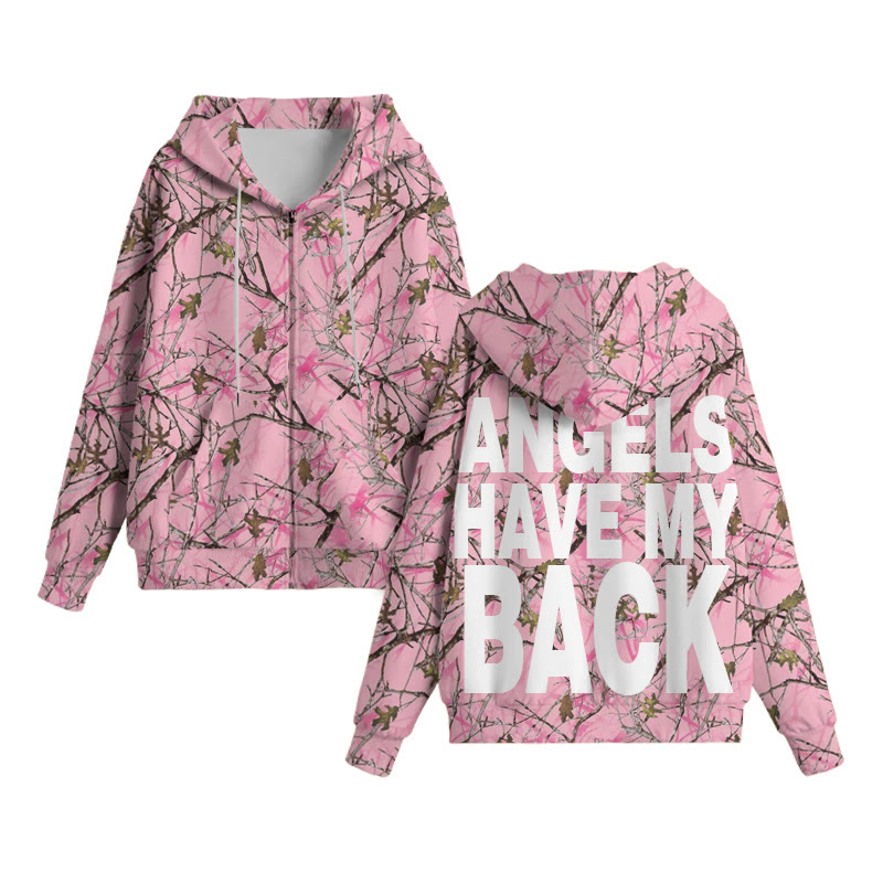 Unisex Angels Have My Back Dead Leaves Camouflage Print Zipper Hoodie - Pink - US44-46(8XL) - image 2