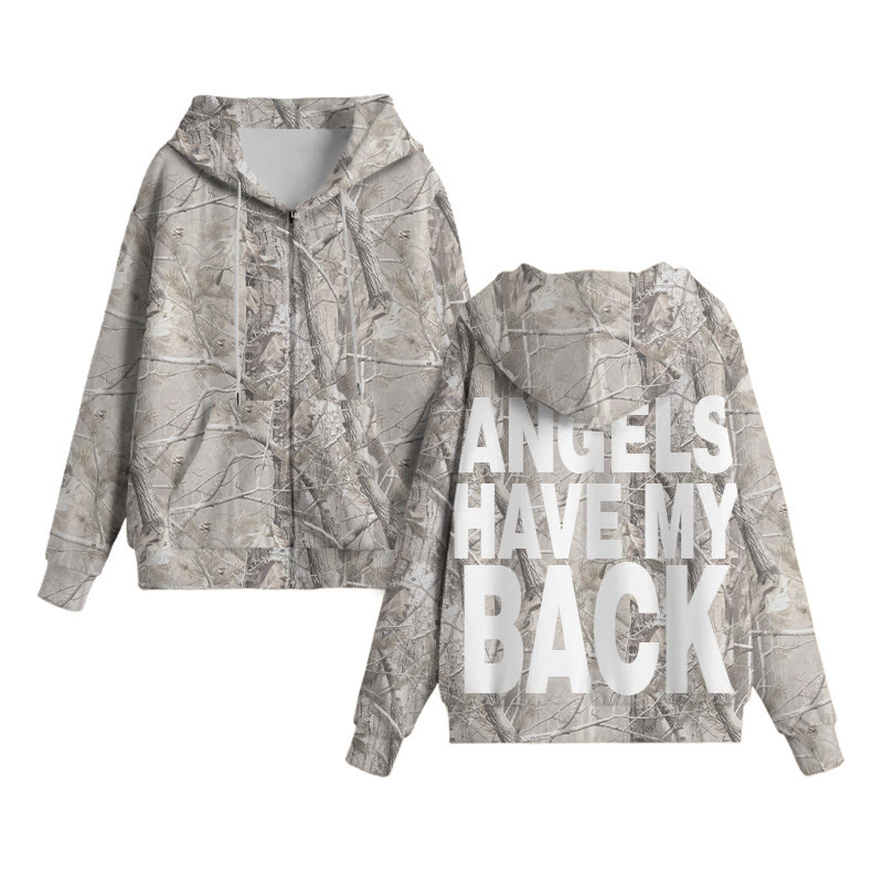 Unisex Angels Have My Back Dead Leaves Camouflage Print Zipper Hoodie - Khaki - US44-46(8XL) - image 1