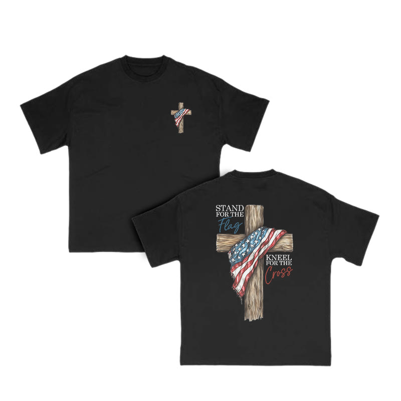 Unisex 100% Cotton Stand For The Flag Kneel For The Cross Print T-shirt - Black - US16-18(2XL) - image 2