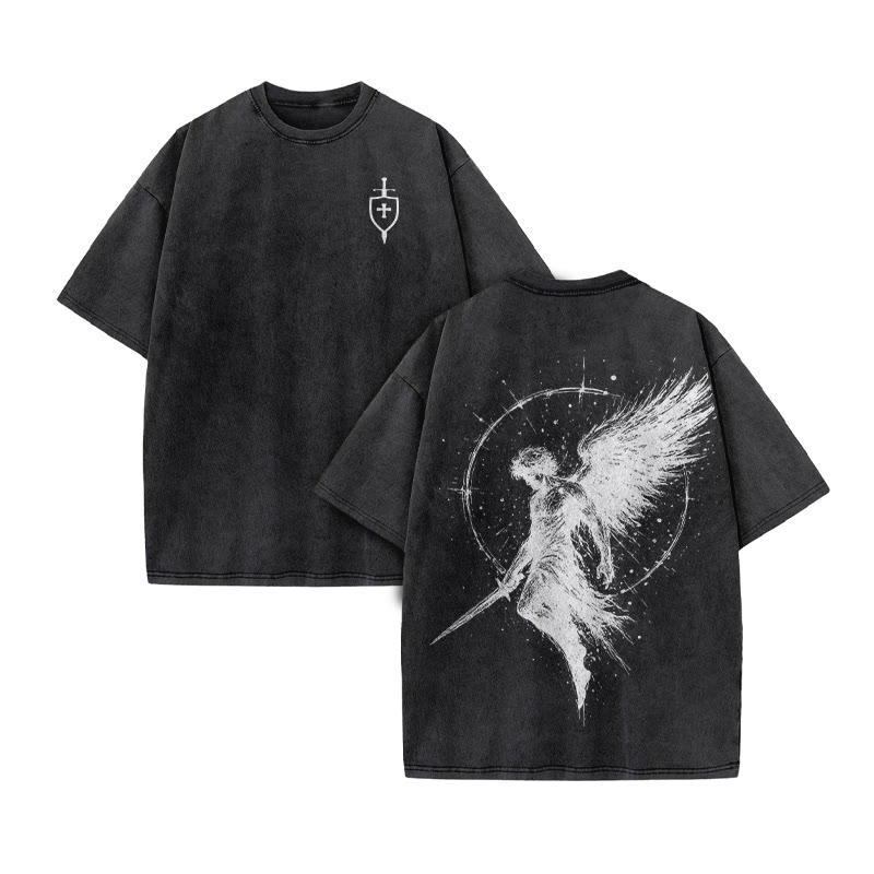 Unisex 100% Cotton Archangel Michael Print Acid Washed T-shirt - Black - US20-22(3XL) - image 3