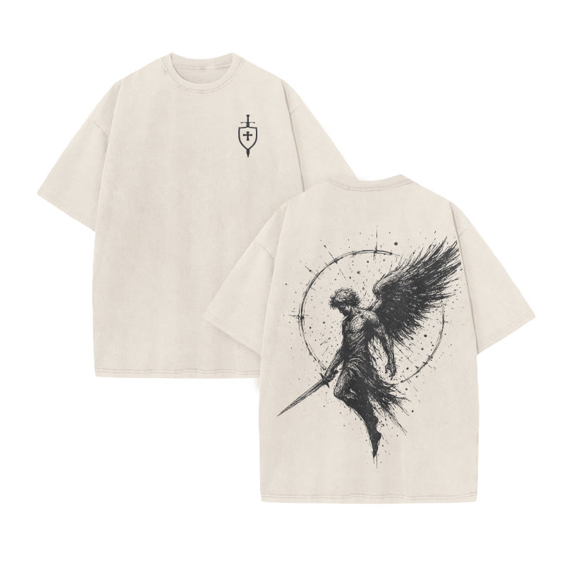 Unisex 100% Cotton Archangel Michael Print Acid Washed T-shirt - Beige - US20-22(3XL) - image 2