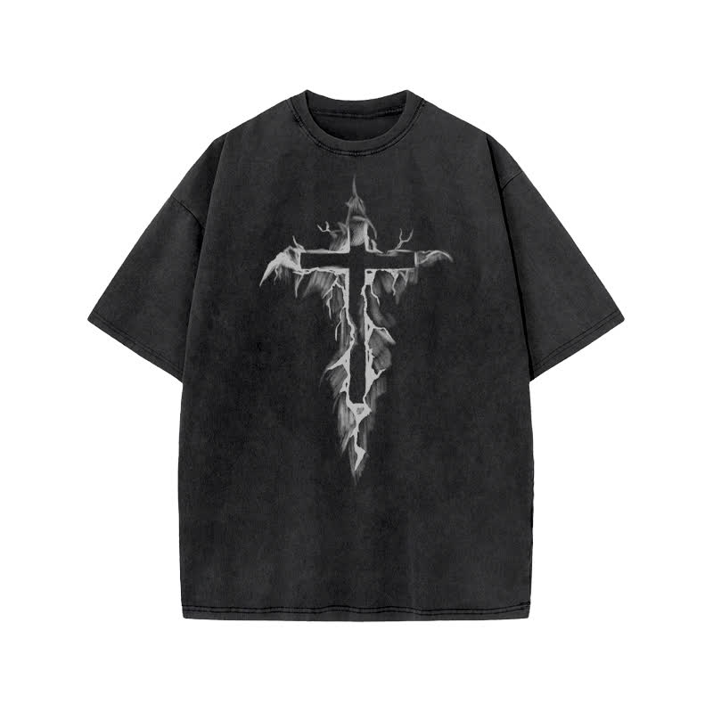 Unisex 100% Cotton Cross In The Crack Print Acid Washed T-shirt - Black - US20-22(3XL) - image 2