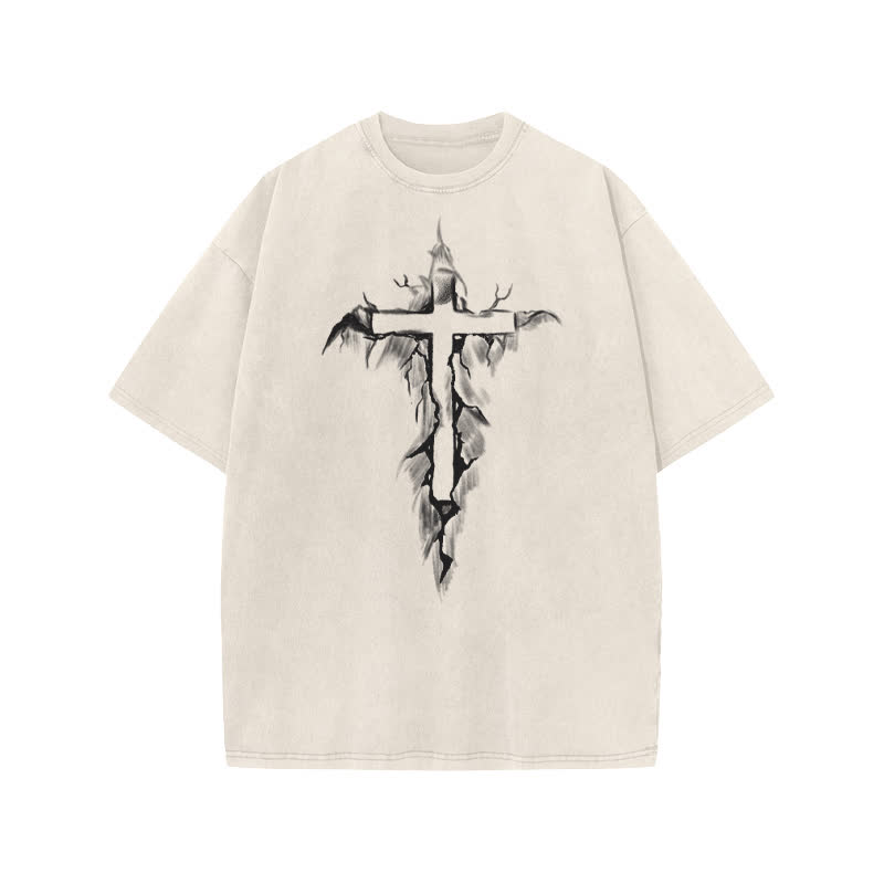 Unisex 100% Cotton Cross In The Crack Print Acid Washed T-shirt - Beige - US20-22(3XL) - image 1