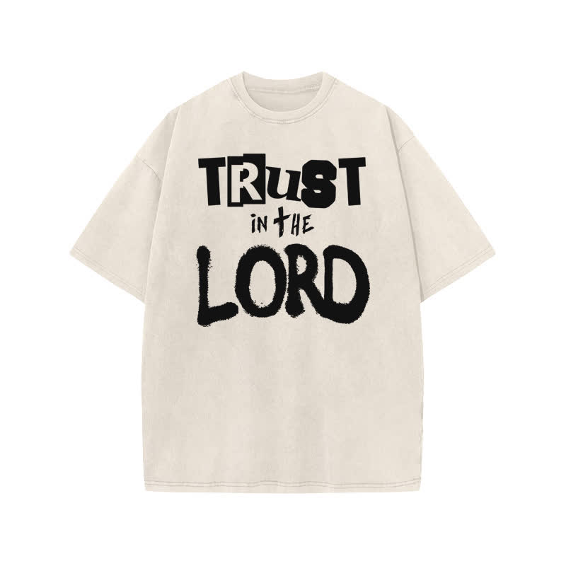 Unisex 100% Cotton Trust In The Lord Print Acid Washed T-shirt - Beige - US20-22(3XL) - image 1