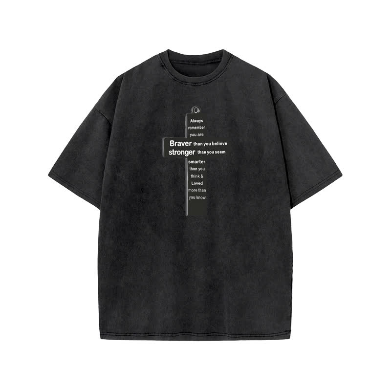 Unisex 100% Cotton Cross Necklace Print Acid Washed T-shirt - Black - US20-22(3XL) - image 2