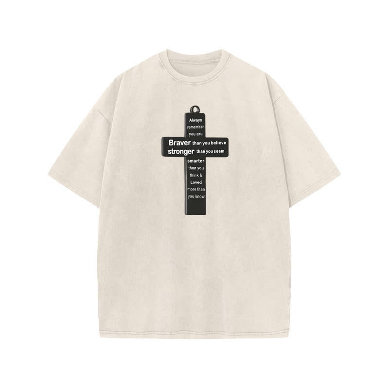 Unisex 100% Cotton Cross Necklace Print Acid Washed T-shirt - Beige - US20-22(3XL) - image 1