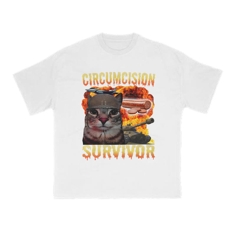 Unisex 100% Cotton Circumcision Survivor Meme Cat Print T-shirt - White - US16-18(2XL) - image 2