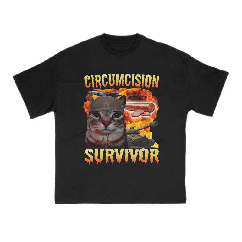 Unisex 100% Cotton Circumcision Survivor Meme Cat Print T-shirt - Black - US16-18(2XL) - image 1