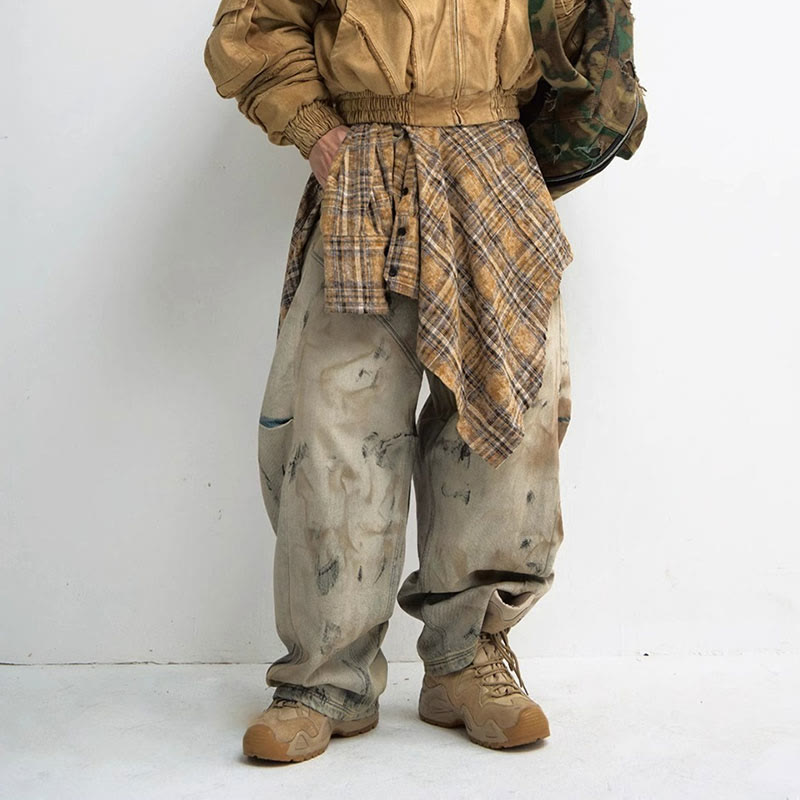 Unisex Washed And Distressed Wasteland Style Jeans - Brown - 3XL - image 1