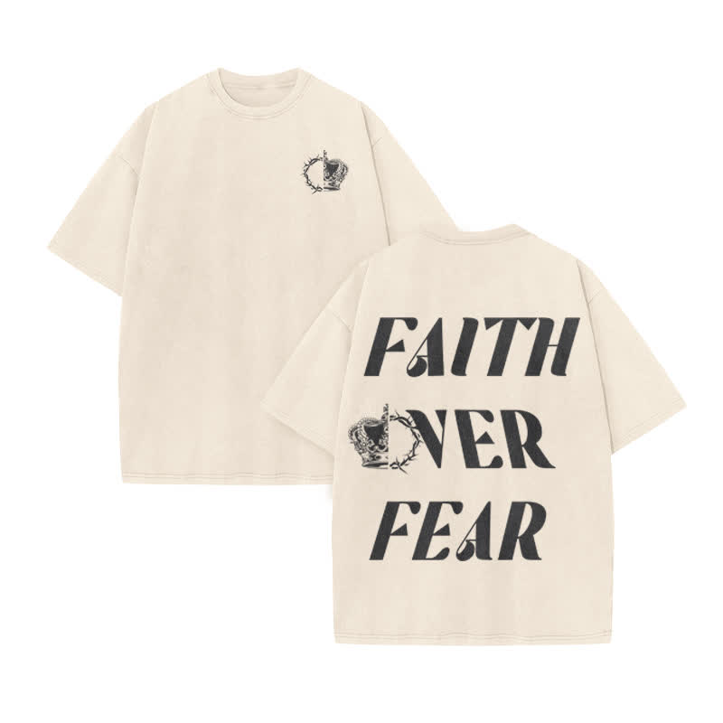 Unisex  Faith Over Fear Print Acid Washed T-shirt - Beige - US20-22(3XL) - image 2
