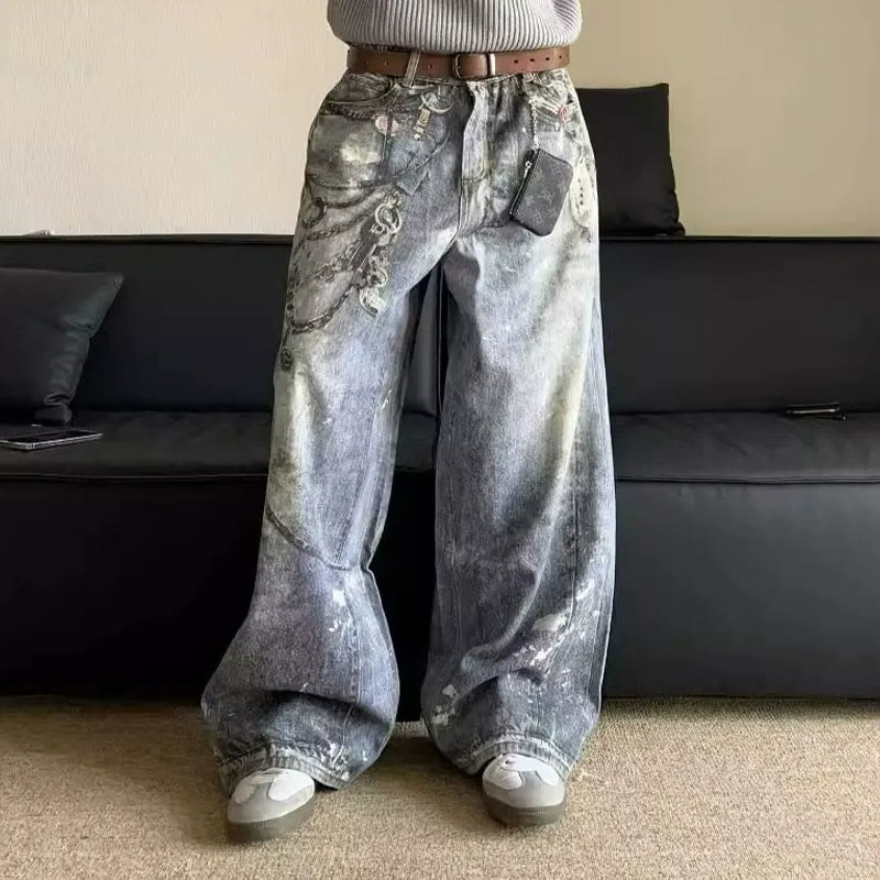 Creative Chain Print Jeans - Blue - XL - image 1