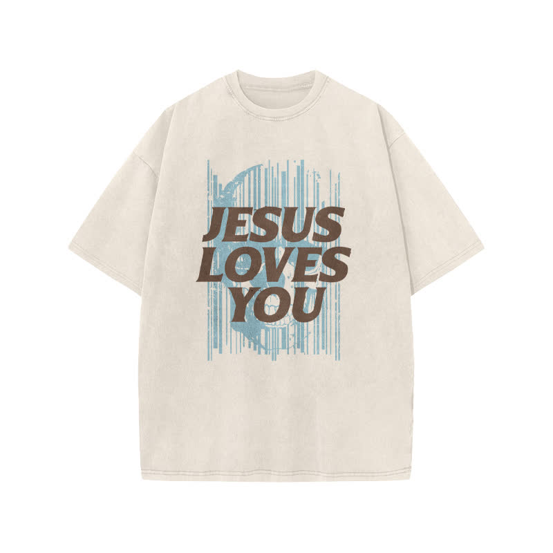Unisex Cute Jesus Love Transcends All Print Acid Washed T-shirt - Beige - US20-22(3XL) - image 2