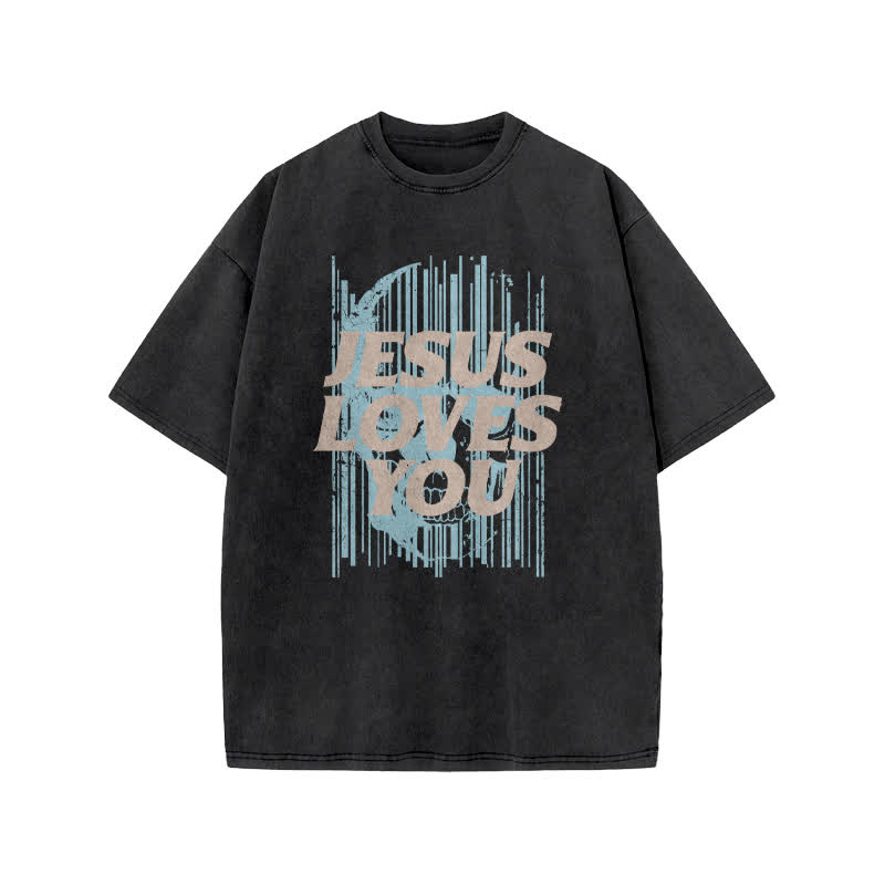 Unisex Cute Jesus Love Transcends All Print Acid Washed T-shirt - Black - US20-22(3XL) - image 1