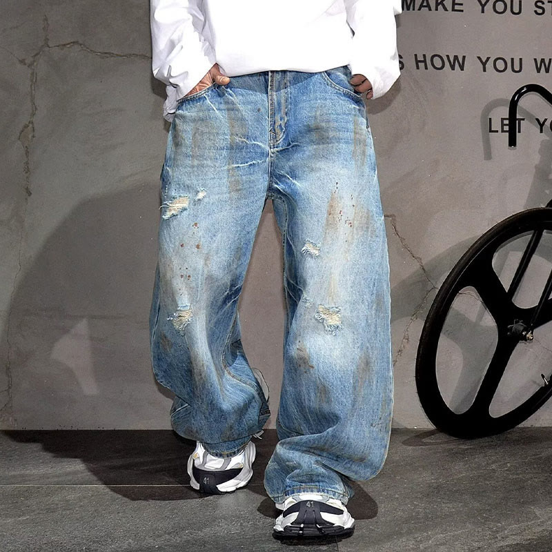 Creative Distressed Loose Jeans - Blue - 3XL - image 1