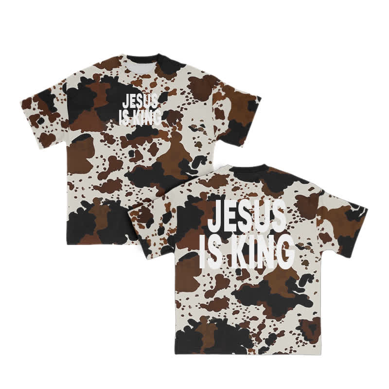 Unisex Jesus Is King Western Cow Print T-shirt - Brown - 8XL - image 1