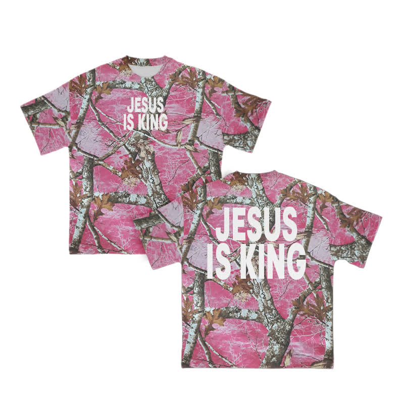 Unisex Jesus Is King Contrast Dead Tree Camouflage Print T-shirt - Pink - 8XL - image 1