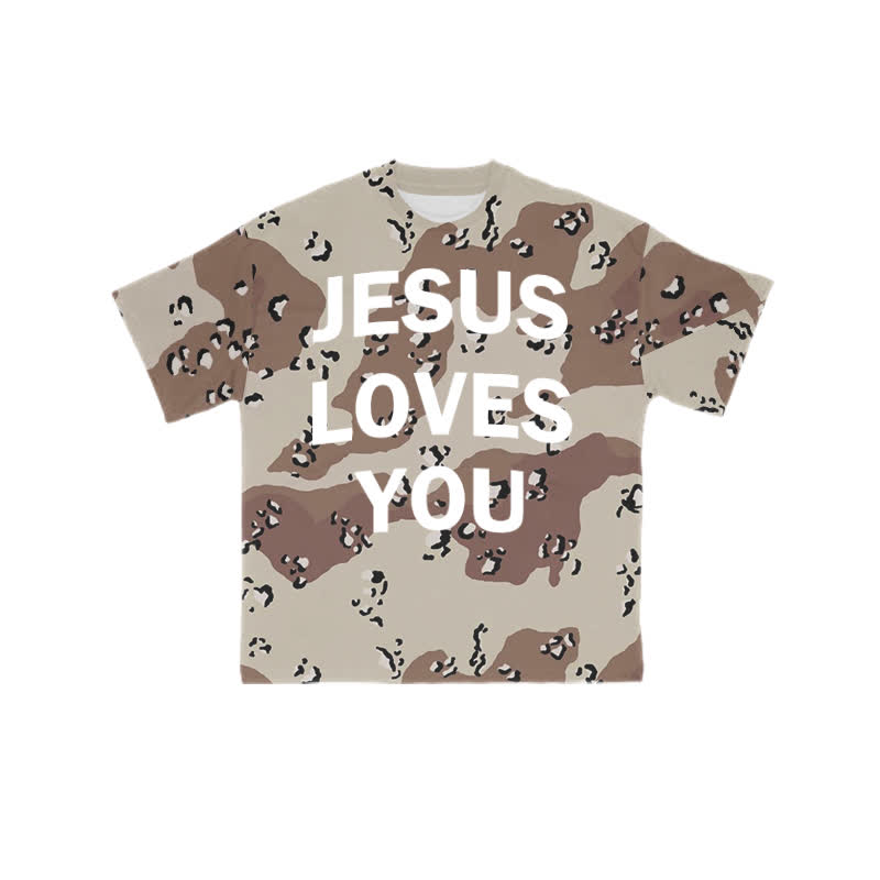 Unisex Jesus Love You Western Camouflage Print T-shirt - Khaki - 8XL - image 1