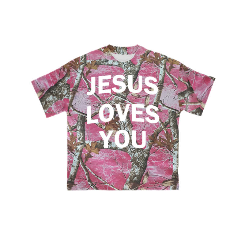Unisex Jesus Love You Contrast Dead Tree Camouflage Print T-shirt - Pink - 8XL - image 1