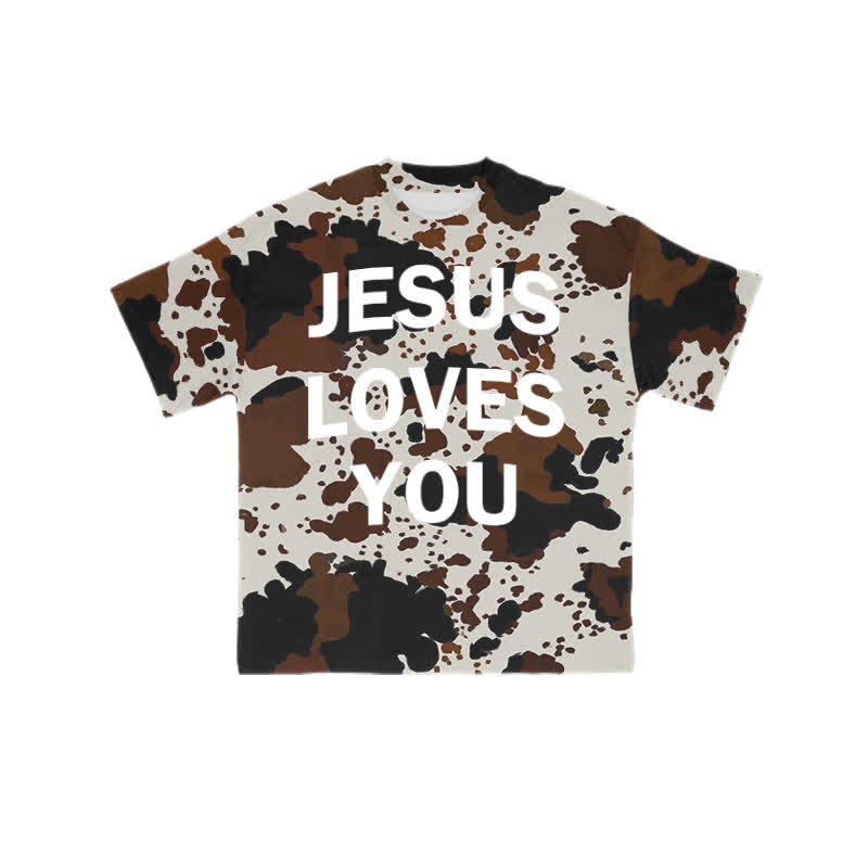 Unisex Jesus Love You Western Cow Print T-shirt - Brown - 8XL - image 1
