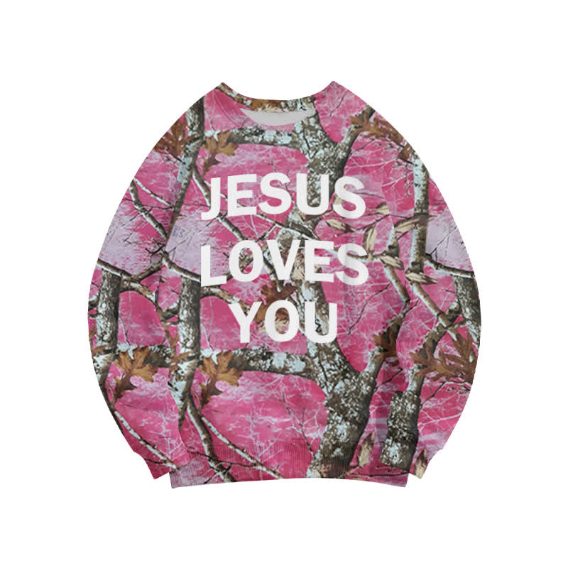 Unisex Jesus Love You Contrast Dead Tree Camouflage Print Sweatshirt - Pink - 6XL - image 1