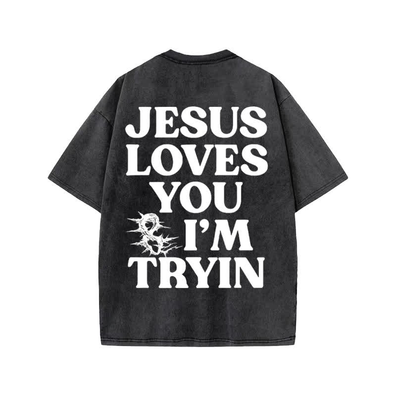 Unisex  Jesus Love You And I 'm Tryin Print Acid Washed T-shirt - Black - US20-22(3XL) - image 2