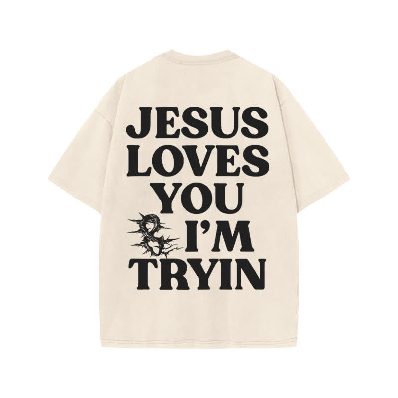 Unisex  Jesus Love You And I 'm Tryin Print Acid Washed T-shirt - Beige - US20-22(3XL) - image 1