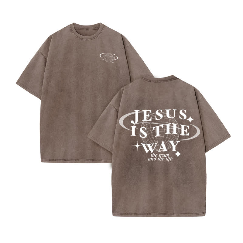 Unisex Jesus Is The Way The Truth The Life Print Acid Washed T-shirt - Coffee - US20-22(3XL) - image 4
