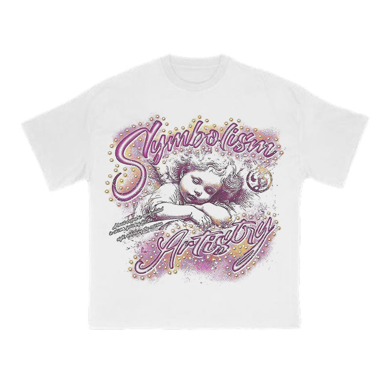 Unisex Street Style Angel Print T-shirt - White Pink - US16-18(2XL) - image 2