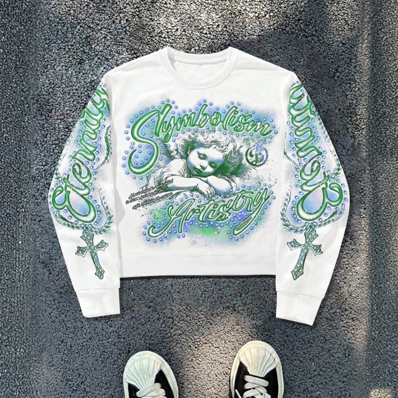 Unisex Street Style Angel Print Sweatshirt - White Green - US16-18(2XL) - image 3