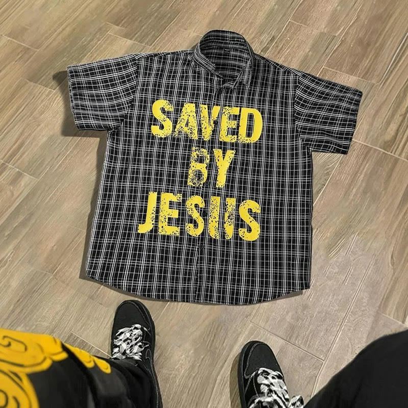 Unisex Saved By Jesus Contrast Plaid Print Short-sleeved Shirt - Black - 5XL - image 2