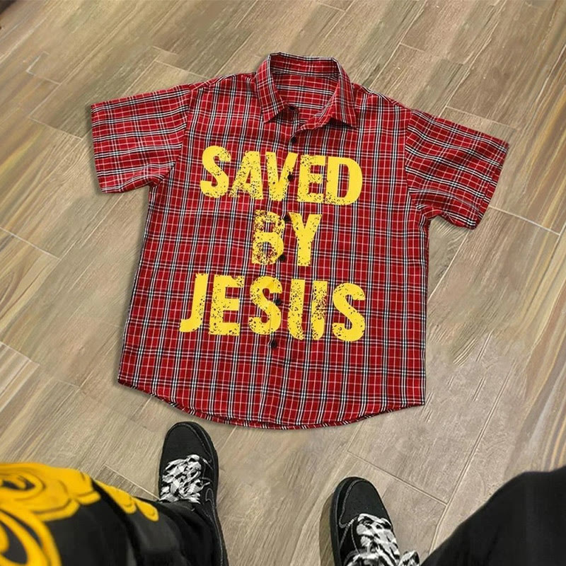 Unisex Saved By Jesus Contrast Plaid Print Short-sleeved Shirt - Red - 5XL - image 1