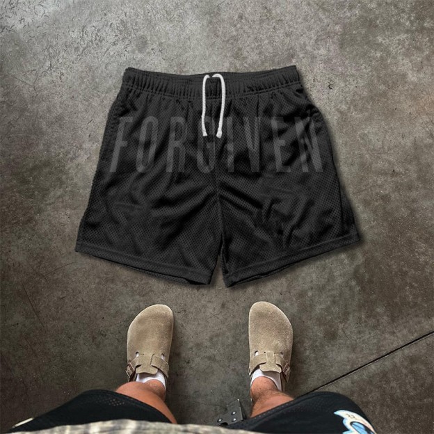 Unisex Forgiven Psalm 32:1 Print Causal Mesh Shorts - Black - 5XL - image 2