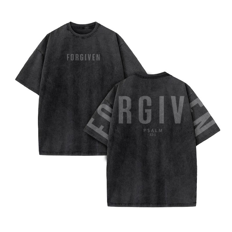 Unisex Forgiven Psalm 32:1 Print Acid Washed T-shirt - Black - US20-22(3XL) - image 2
