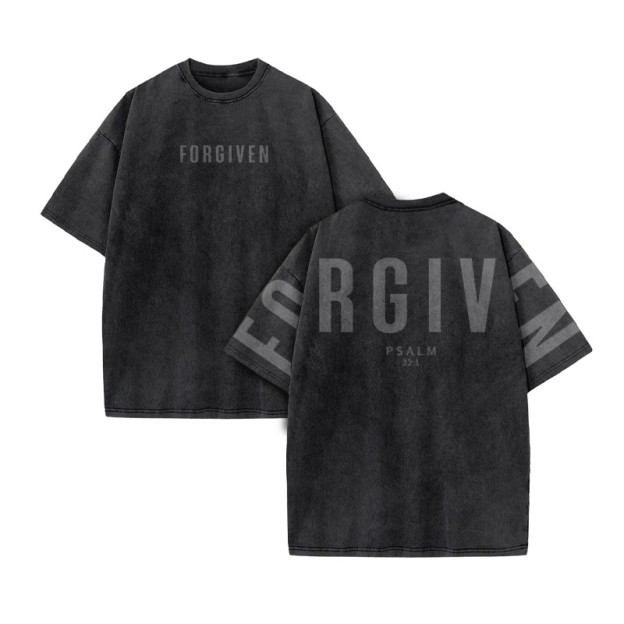 Unisex Forgiven Psalm 32:1 Print Acid Washed T-shirt - Black - US20-22(3XL) - image 2