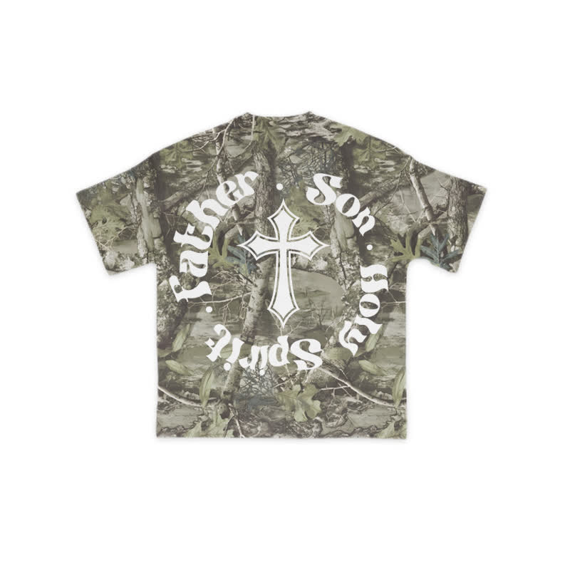 Unisex Father Son Holy Spirit Dead Leaf Camouflage Print T-shirt - Green - 8XL - image 1