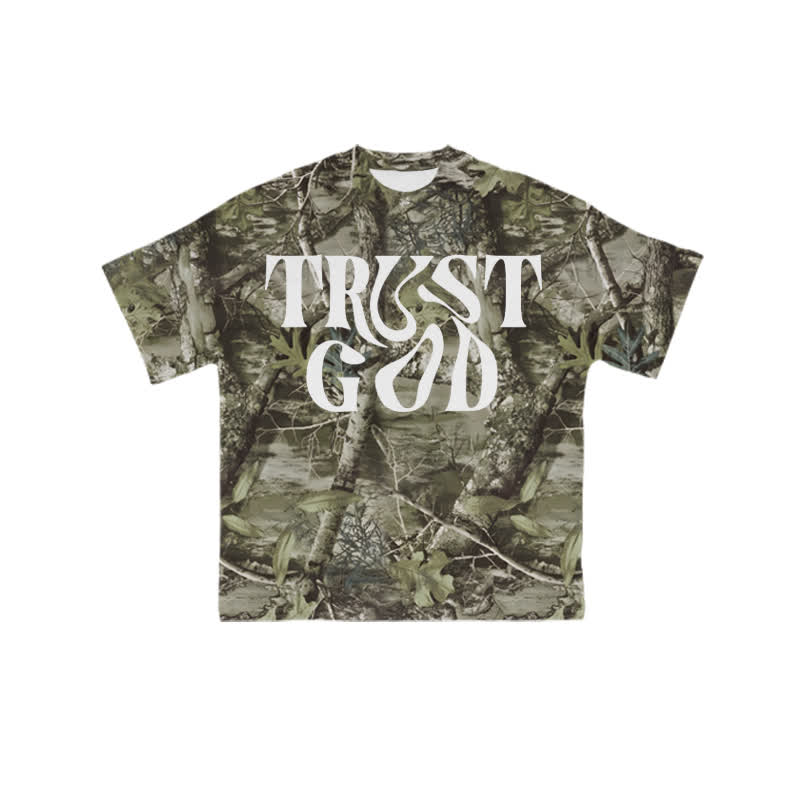 Unisex  Trust God Dead Leaf Camouflage Print T-shirt - Green - 8XL - image 1