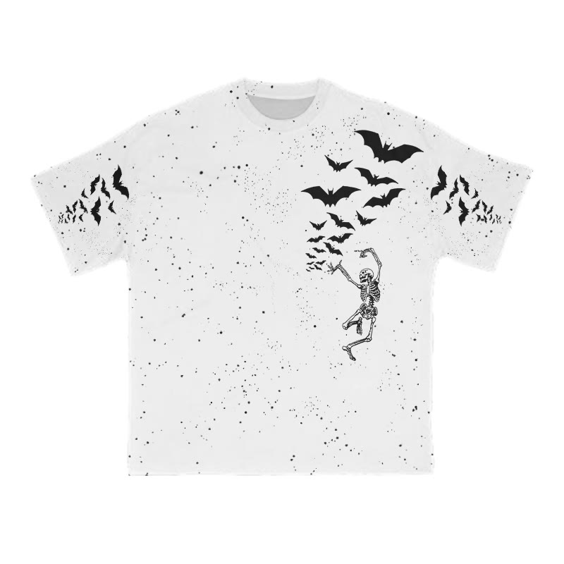 Unisex Dancing Skeleton Bats Halloween Print T-shirt - White - 8XL - image 2